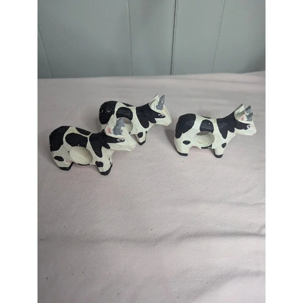 3 lot‎ wood painted cow black white napkin ring holders